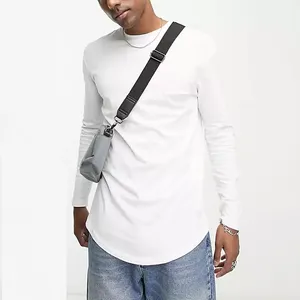 Good Quality White Cotton Spandex Long Sleeve T Shirts For Men USA/European Slim Fit Size Mans Blank Curved Hem T Shirt