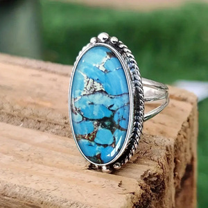 Anello T1020 in Turchese, Argento 925, Taglio Ovale, Montatura a Castone, Anelli Unisex con Gemme per Uso Quotidiano - Product Image 1