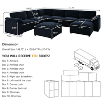 Ensemble de canapés modulaires en PU confortables, surdimensionnés, en forme de U, sectionnels, avec sièges larges et profonds, amovibles et lavables, bleu