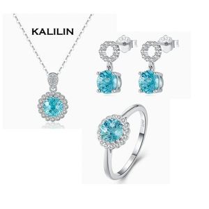 Ensemble de bijoux en argent 925 plaqué rhodium avec pendentif rond en zircon, boucles d'oreilles et bague, bijoux classiques pour femmes, cadeau de mariage ou de fête - Product Image 1