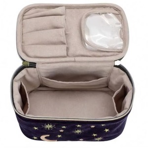 Échantillon gratuit : Grande trousse de maquillage carrée en velours bleu marine avec appliques brodées Lune Étoiles Soleil, sac de rangement pour esthéticienne, pochette - Product Image 4