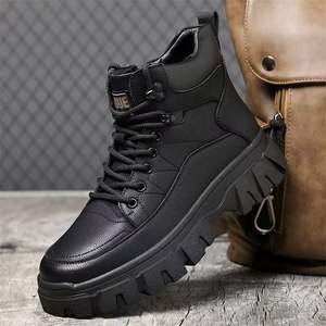 أحذية عمل رجالية عالية الرقبة من الألياف الدقيقة لفصلي الخريف والشتاء، أحذية ثلج بطول الكاحل مع إغلاق برباط وخاصية زيادة الطول - Product Image 2
