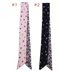 twill satin high quality custom butterfly and flower twill skinny silk scarf long scarf for handbags magnetic neck wrist scarf