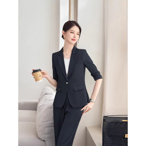 Light Blue Three Quarter Sleeve Blazer And Trousers Set Women's Professional Suit For Commute Anti-Wrinkle Worsted Fabric - Product Image 4