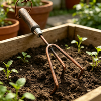 Cultivateur de jardin rétro en acier inoxydable avec tête plaquée bronze antique et manche en bois vert sauge vintage pour ameublir la terre