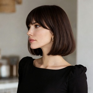 2026년형 도매용 짧은 갈색 레이어드 합성 헤어 가발, 짙은 갈색 어깨 길이 스트레이트 앞머리 있는 가발, 자연스러운 스타일 SM7252 - Product Image 5