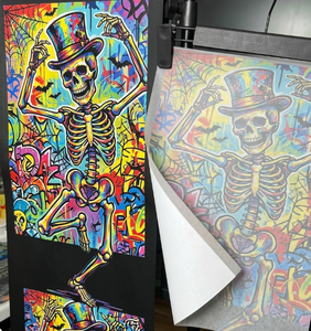 Calcomanía de silicona plastisol de calavera colorida con diseño de esqueleto bailarín de grafiti neón personalizado, tipo sombrero de copa, lista para prensa de transferencia térmica - Product Image 1