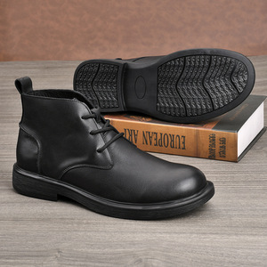 Bottes Martin pour hommes en cuir véritable, bottines à bout rond, à lacets, doublure en fourrure isolante pour l'hiver, semelle en caoutchouc, couleur unie - Product Image 2