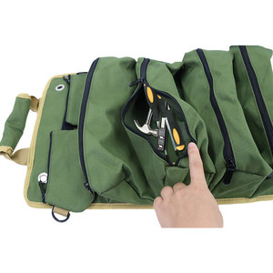 <b>Tool</b> <b>Roll</b> Bag With 10-14 Pockets Zipper Closure Green Portable <b>Tool</b> Storage For Electrical Woodworking Car Repair - Product Image 4