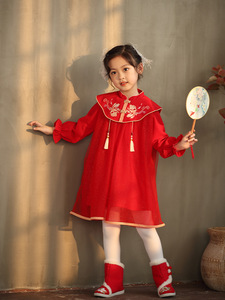 Otoño nuevo bordado niñas Vestido largo de princesa estampado Floral cuello redondo decoración de encaje nube hombro <span class=keywords><strong>gasa</strong></span> para niños - Product Image 5