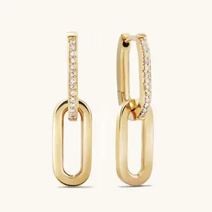 LOZRUNVE Custom Jewelry Manufacturer Gold Plated Vermeil Pave CZ Double Link Oval Hoop Earring