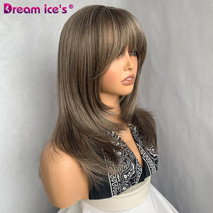 Pelucas de Cabello Natural Liso y Ondulado de Dream Ice, Venta al por Mayor de Fábrica, Color Marrón Miel con Flequillo, Cortas, Marrón Mixto Rubio, Cabello Sintético - Product Image 4