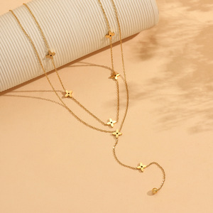 Collana Minimalista XL156 in Acciaio Inossidabile, Stratificata con Croce e Fiore, Frange a Cascata 16"+2\", Gioielli Floreali di Tendenza - Product Image 5