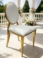 Chaise de banquet ovale dorée avec dossier, en similicuir blanc, en acier inoxydable poli, pour mariage, hôtel, restaurant, salle à manger