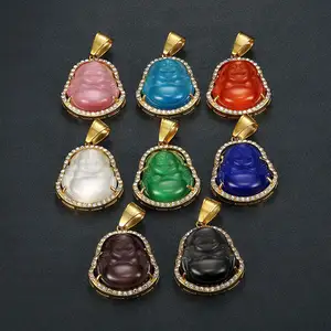 Hot Sale diamond cat eye stone laughing jade buddha ladies blue green red pink color INS pendant