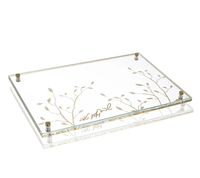 Plateau de service moderne en acrylique avec feuille d'or personnalisée pour la challah du Shabbat, avec pieds de support en laiton transparent à double couche, montage facile