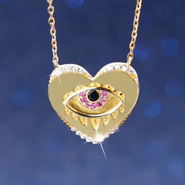 18K Gold Fine Luxury Jewelry Trendy 925 Silver Charms CZ Greek Turkish Evil Eye Heart Pendant Necklace