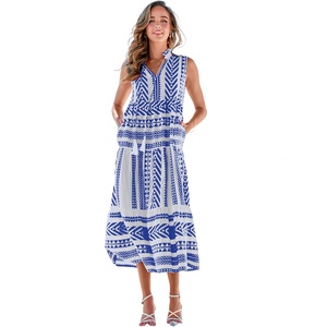 Vestido de Verano para Mujer, Nuevo, Sin Mangas, Estampado Geométrico, Cuello en V, Casual, Rosa, Tipo Sling - Product Image 3