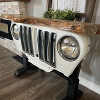 Table console industrielle vintage inspirée des Jeeps, avec plateau en bois, meubles automobiles pour salon et bureau