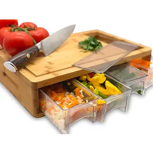 Bamboo Kitchen Cutting Board Large Wooden Chopping Board With Plastic Trays and Lids to Storage Food