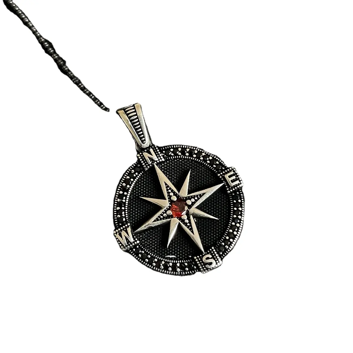 Compass North Star Silver Zircon Stone Men Necklace Art Design Trendy Handmade Black Bead Chain Jewelry Wholesaler Turkey