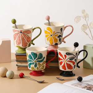 Modern Embossed High Temperature Resistant <b>Ceramic</b> <b>Mug</b> with Lid Spoon Handle Microwave Safe Floral Logo for Office Use - Product Image 1