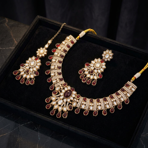 Indian Traditional Antique Gold Plated Kundan Choker Necklace <b>Set</b> Multicolor Gemstone Bead Navratna Style Bridal Jewelry <b>Set</b> - Product Image 3