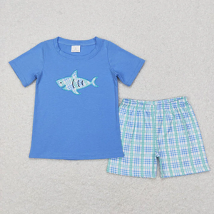 Ensemble de vêtements d'été pour bébé garçon, vente en gros, t-shirts à manches courtes avec broderie de requin, shorts à taille élastique, ensemble de 2 pièces - Product Image 2