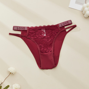 Culotte de bikini en dentelle florale tricotée pour femme, respirante, taille mi-haute, sous-vêtement sexy avec ceinture imprimée LOVE en strass, lingerie intime - Product Image 4
