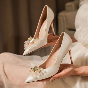 Chaussures de mariée élégantes à talons hauts en satin et strass, bout pointu blanc, pour soirée, taille 35 36 37 38 39 40 - Product Image 1