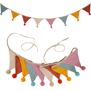 Drapeaux en coton avec pompons couleur unie enfants fête d'<span class=keywords><strong>anniversaire</strong></span> <span class=keywords><strong>guirlande</strong></span> suspendue pour pépinière Camping salle de classe événements à thème - Product Image 5