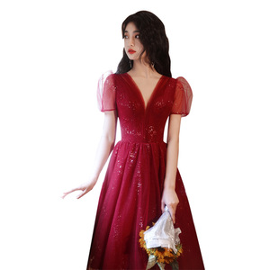 Burgundy Bridesmaid Dress V Neck Mid Length Tulle Sequin Elegant Banquet Wedding Graduation Party Dress - Product Image 5