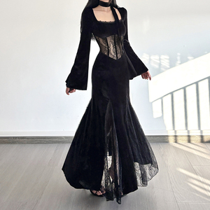 Elegant and sophisticated lace dress with a see-through design featuring a fitted waist <b>flared</b> sleeves and a fish-tail <b>skirt</b> - Product Image 3