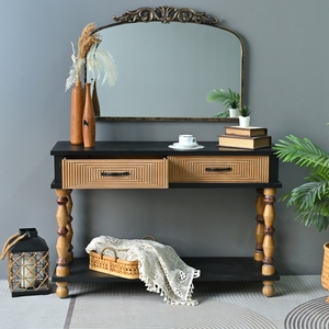 Easy Assembly 47.64" Accent <b>Rustic</b> Rectangle Solid Wooden Carved <b>Console</b> <b>Table</b> With Turning Legs - Product Image 4