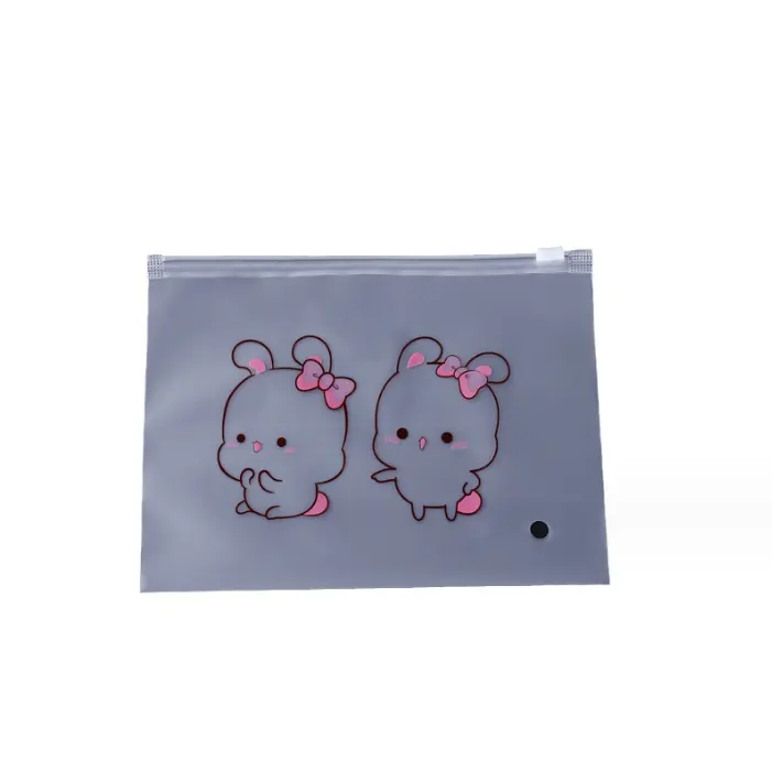 Wholesale Disposable Spot Cartoon Zipper Bags PE Frosted Self-Sealing Pencil and Stationery Bags with Finger Rings