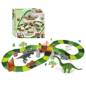 182pcs electric dinosaur rail car tracking set kids dino world diy assembly building track flexible dinosaur tracks toy play set