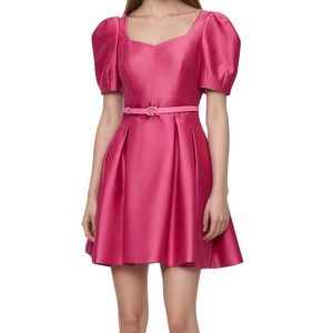Vestido Corto Casual Elegante de Primavera/Verano, Color Rojo Ámbar, con Corsé de Pana y Mangas Abullonadas, Personalizado y de Alta Calidad - Product Image 1