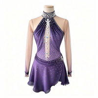 Robe de patinage artistique dégradé violet avec strass étincelants et manches longues transparentes pour enfants et adultes, idéale pour la compétition et les spectacles