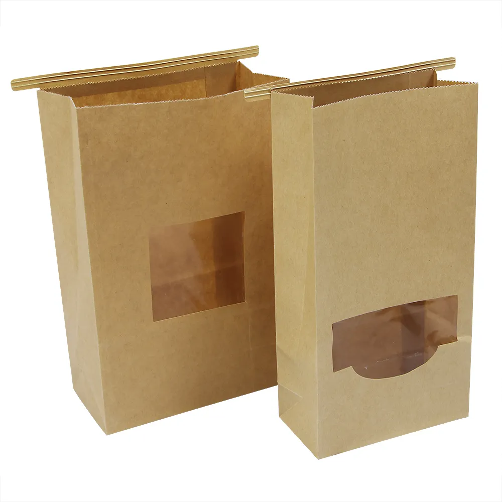 Bolsas de papel kraft con cierre de cremallera, Bolsas de pie de fondo plano, embalaje de alimentos, con ventana
