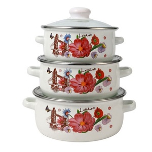 Ensemble de 3 casseroles en fonte émaillée avec poignées composites, couvercles en verre trempé, design floral écologique, compatible gaz et <span class=keywords><strong>induction</strong></span> - Product Image 3