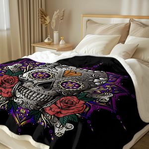 Couverture polaire en forme de crâne de lotus pour enfants, filles et garçons, couverture en sherpa douce et moelleuse avec motif de crâne de mandala violet pour canapé, chaise, lit - Product Image 2