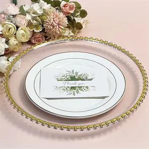 High Quality 13inch Clear Plastic Round Charger Dinner Plates Gold Edge Bead Charger Plate For Wedding