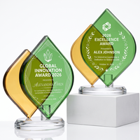 Trophée en cristal vierge en forme de feuille dégradé jaune-vert, grande surface de gravure, écologique, récompense d'entreprise, vente chaude