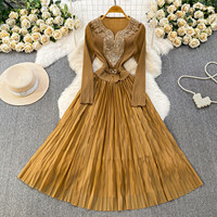 Robe élégante de luxe léger à col en V pour femme, manches longues, taille cintrée, jupe plissée trapèze, robe de bureau, vêtements pour femmes