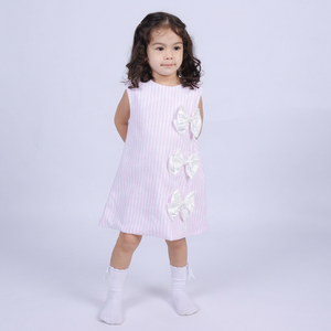 Robe d'été décontractée pour fille, rose pâle, à mini rayures, en tricot, avec nœuds blancs brodés à la main, respirante, écologique, certifiée OEKO-TEX, ODM 100% - Product Image 1