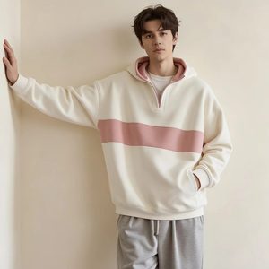 Nuova Collezione Autunnale: <span class=keywords><strong>Felpa</strong></span> <span class=keywords><strong>con</strong></span> Cappuccio e Mezza Zip <span class=keywords><strong>Bianca</strong></span> e <span class=keywords><strong>Rosa</strong></span> per Uomo - Pullover Ampio <span class=keywords><strong>con</strong></span> Stampa Ricamata a Contrasto - Product Image 1