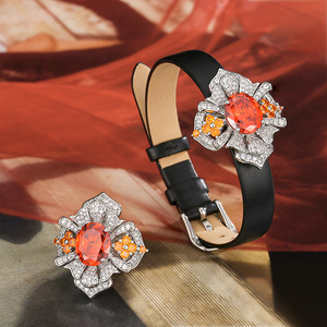 Ensemble de bijoux en pierre précieuse orange flamme et cuir, laiton plaqué platine, bracelet et bague pour femmes, luxe - Product Image 1