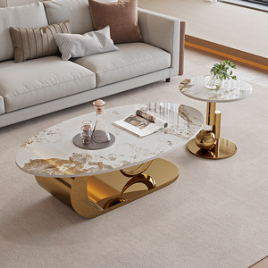 Mesa de Centro Ovalada de Acero Inoxidable, Portátil, Moderna, Minimalista, de Lujo Ligero, con Marco Metálico para Sala de Estar - Product Image 1