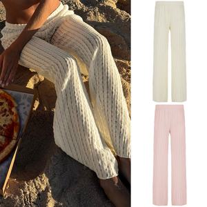 กางเกงขาตรงเอวสูงทำจากผ้านุ่มยืดง่ายการออกแบบสีทึบกางเกงลำลองทรงหลวมสำหรับผู้หญิง - Product Image 1