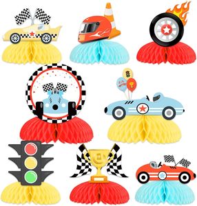 8 pièces Centres de table nid d'abeille Voiture de course pour Anniversaire Garçons, Décoration de table Joyeux Anniversaire, Accessoire photo 1er et 2ème Anniversaire - Product Image 1